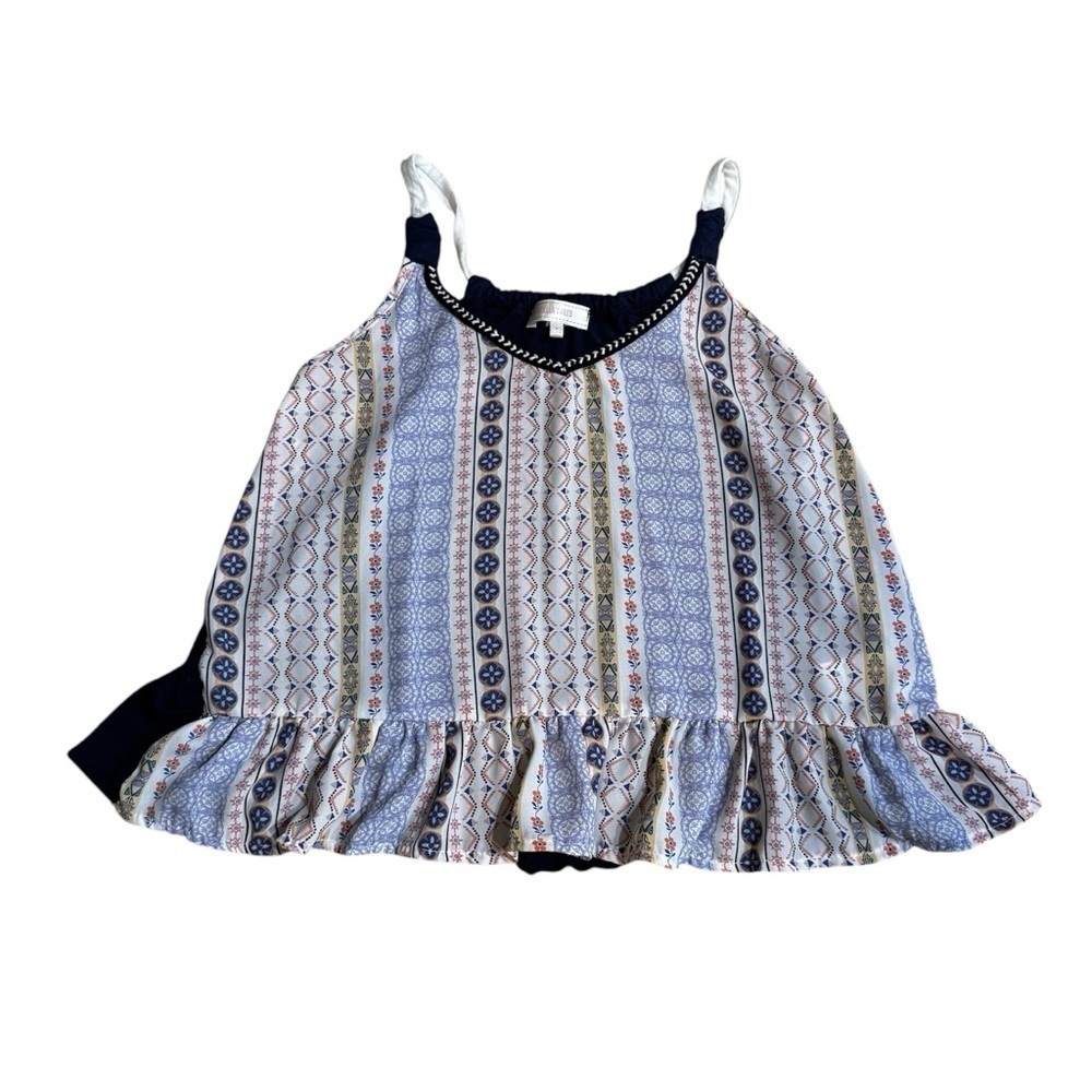 Stella Tweed blue patterned crop tank V neck bottom ruffle ruching, size M.
